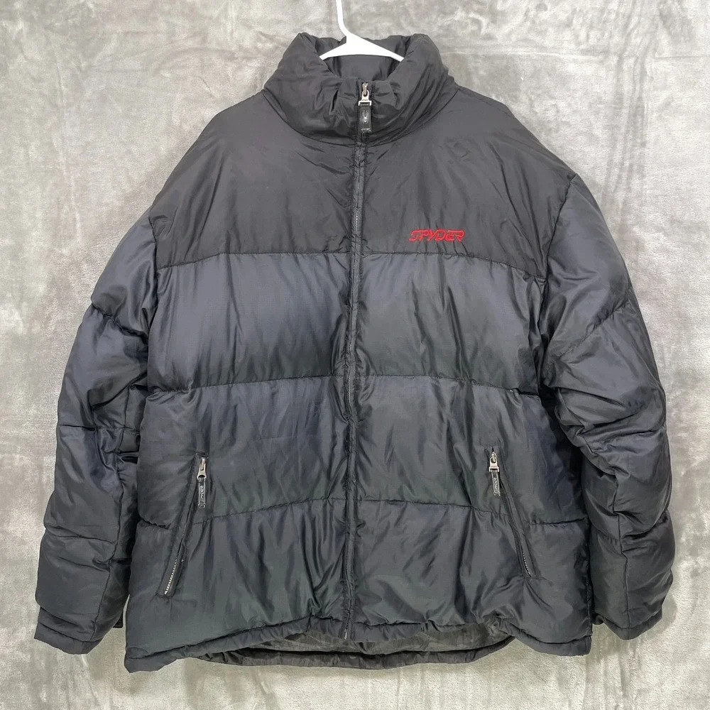 Spyder Men's XXL Puffer Jacket Grey Goose Down Feather Thick Black Hideaway Hood